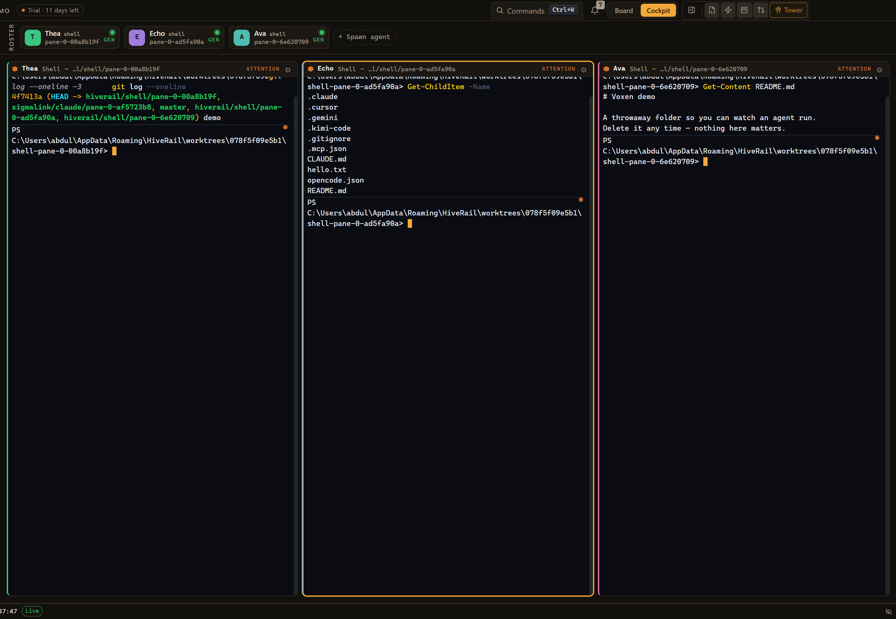 HiveRail Cockpit — three agents, each on its own isolated git rail