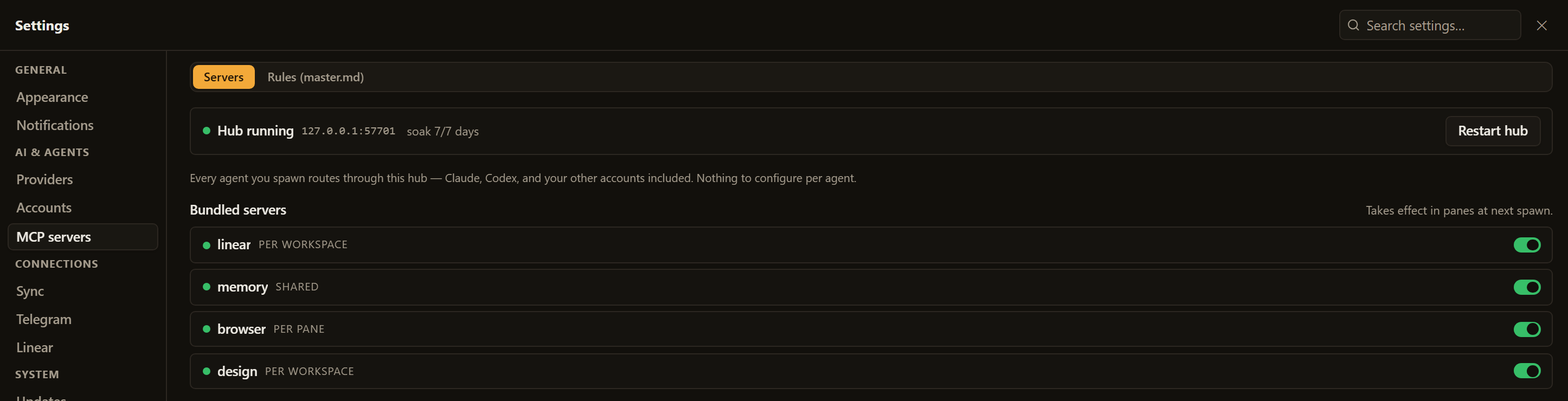 HiveRail MCP hub — one aggregator routing every agent to shared tools