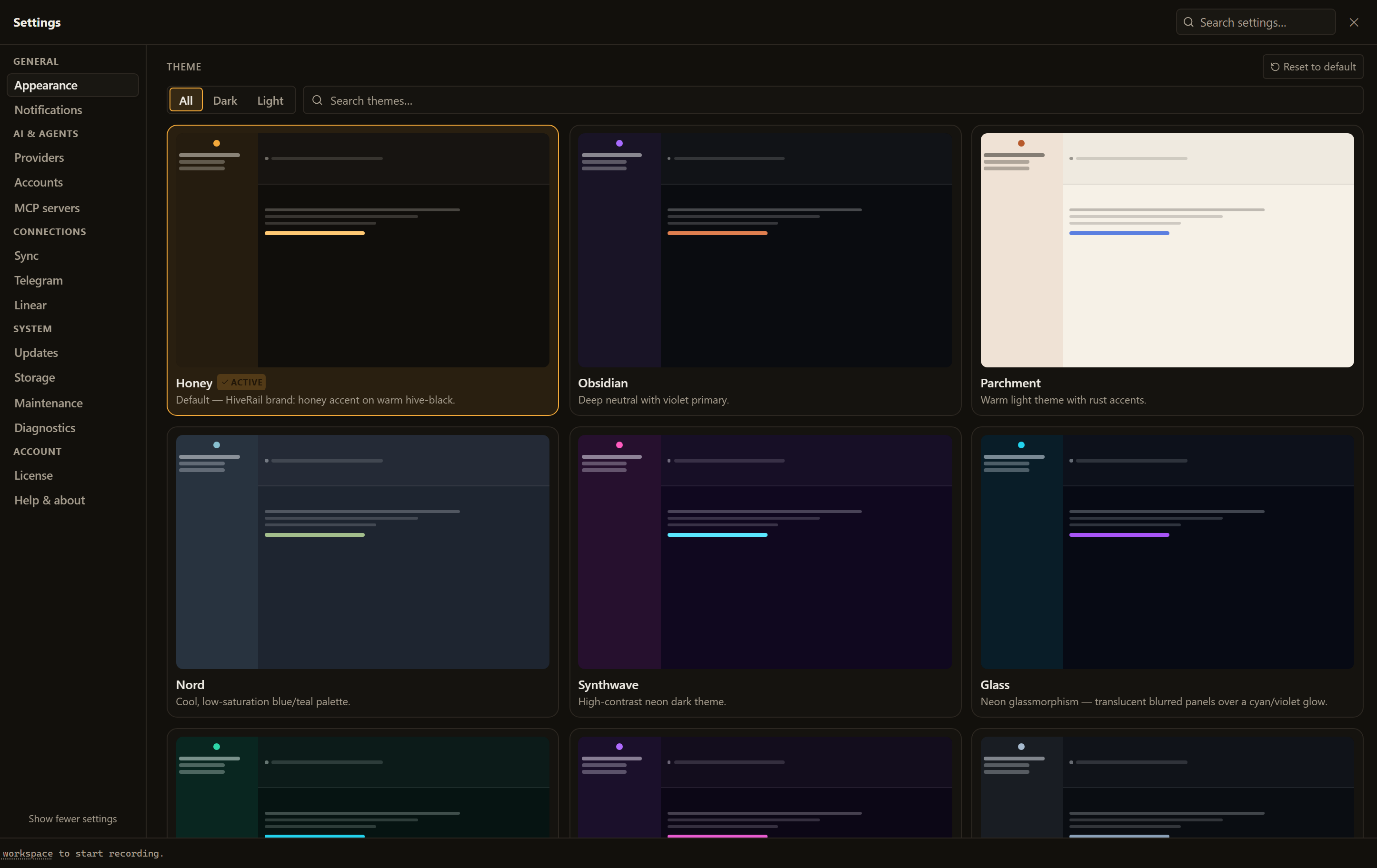 HiveRail Settings — a gallery of themes, grouped navigation and per-provider model pickers