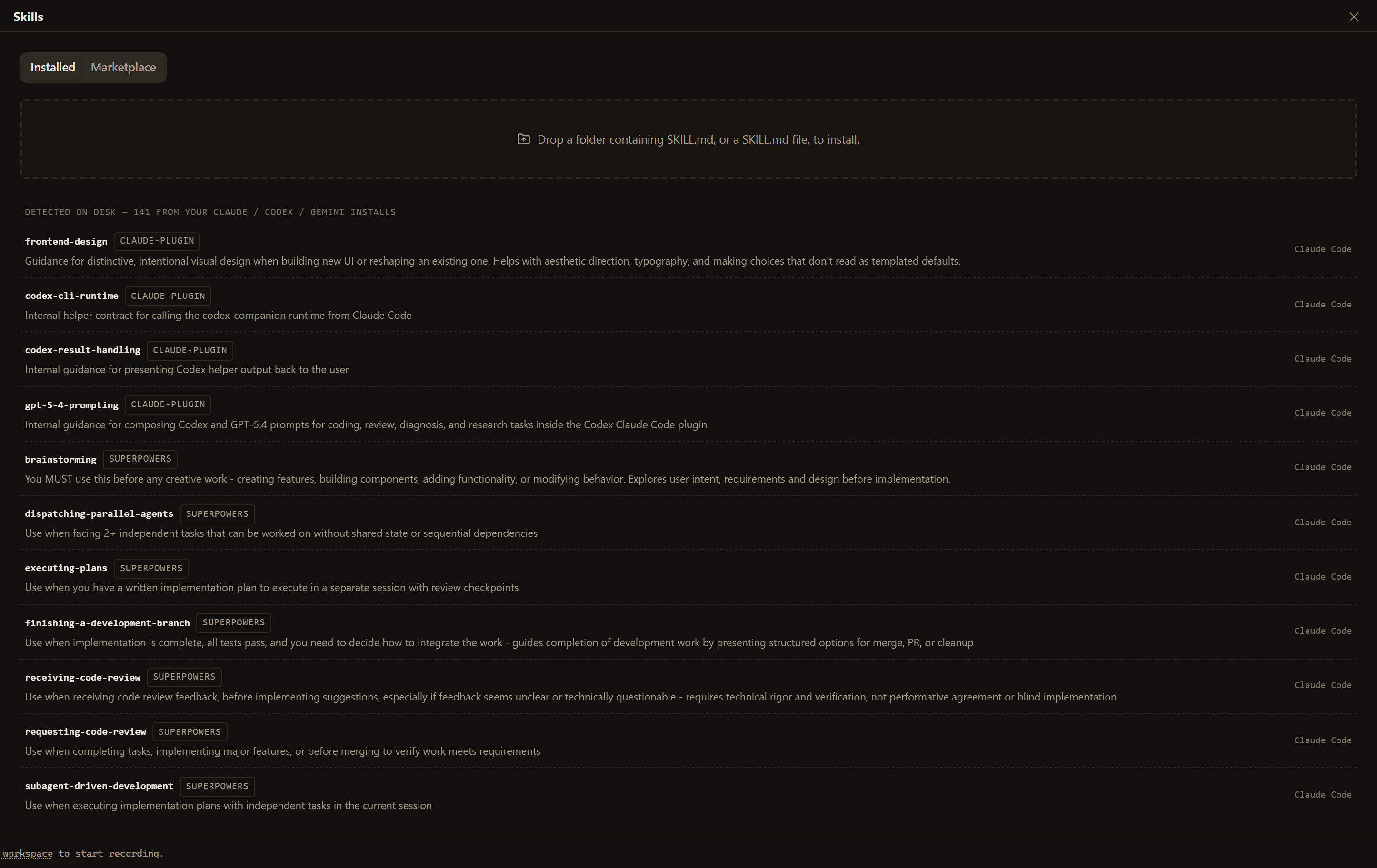 HiveRail Skills room — search the skills.sh library, or use the skills already in your Claude, Codex and Gemini installs